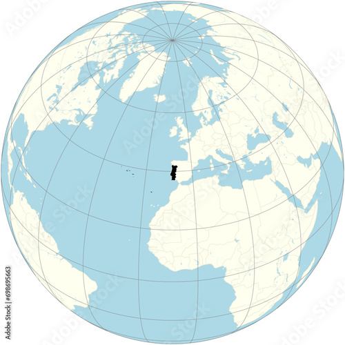The orthographic projection of the world map with Portugal at its center. a southern European country on the Iberian Peninsula, bordering Spain photo