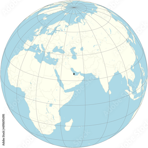 The orthographic projection of the world map with Qatar at its center. a peninsular Arab country whose terrain comprises arid desert and a long Persian Gulf shoreline