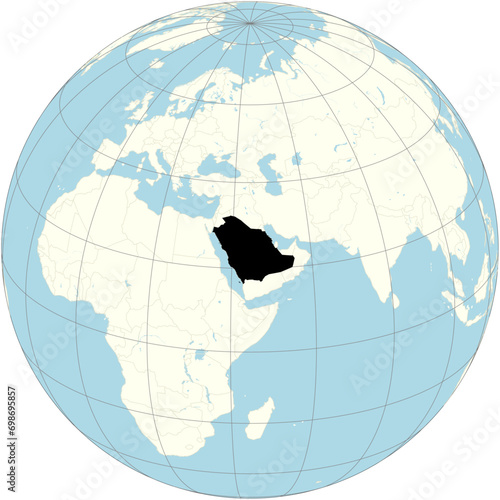 The orthographic projection of the world map with Saudi Arabia at its center. a country in Western Asia constituting the bulk of the Arabian Peninsula photo