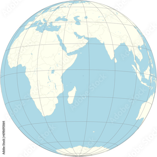 The orthographic projection of the world map with Seychelles at its center. an archipelago of 115 islands in the Indian Ocean, off East Africa