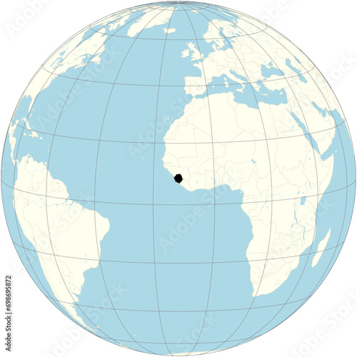 The orthographic projection of the world map with Sierra Leone at its center. a country on the southwest coast of West Africa