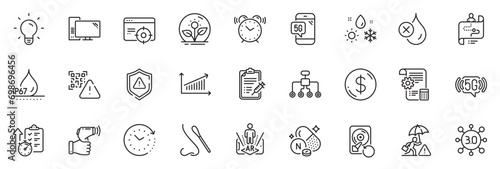 Icons pack as Nasal test, Alarm clock and Settings blueprint line icons for app include Light bulb, Chart, Computer outline thin icon web set. Qr code, Weather, Augmented reality pictogram. Vector