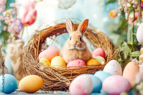 Easter rabbit and colorful easter eggs on blurred background