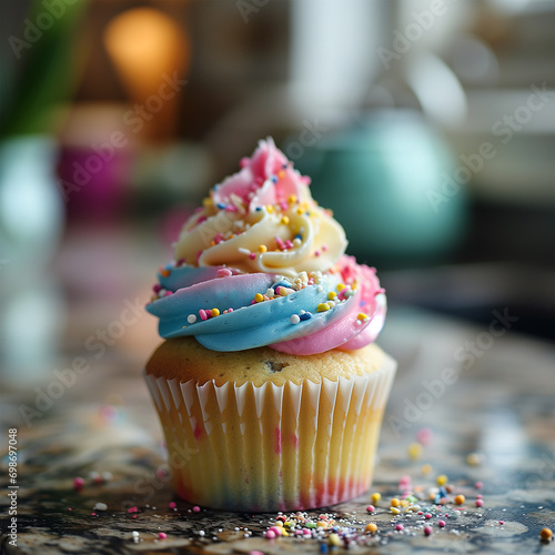 Colorful Homemade Delight: Rainbow Cupcake with Funfetti in a Blurred Kitchen Background. photo