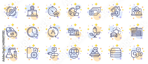 Outline set of Video conference, Vip timer and Fraud line icons for web app. Include Outsource work, User info, Car review pictogram icons. Parking garage, Green energy, Inspect signs. Vector