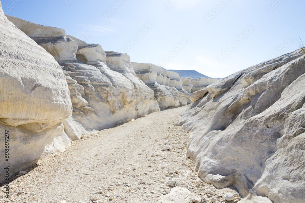 Jylshy canyon view, Mangystau region, Kazakhstan. Chalk reserve