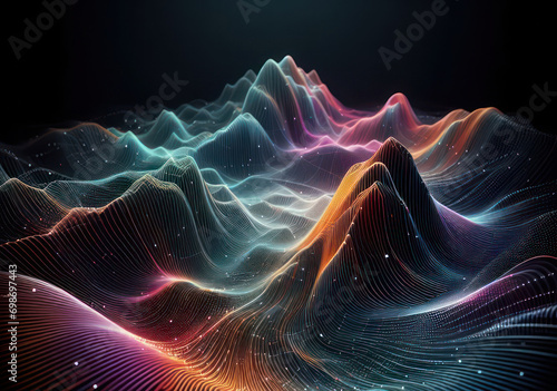colorful and dynamic display of swirling lines and dots that create a visual representation of digital data or abstract art. digital data visualization, representing network system