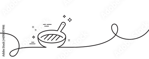 Grill pan line icon. Continuous one line with curl. Kitchen griddle sign. Food cooking utensils symbol. Grill pan single outline ribbon. Loop curve pattern. Vector