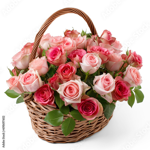 Bouquet of beautiful rose flowers in a basket.