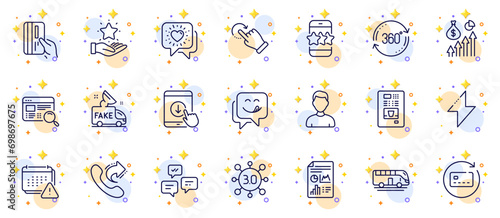 Outline set of Notification, Renew card and Rotation gesture line icons for web app. Include Report document, Website search, Headshot pictogram icons. Full rotation, Chat messages, Star signs. Vector
