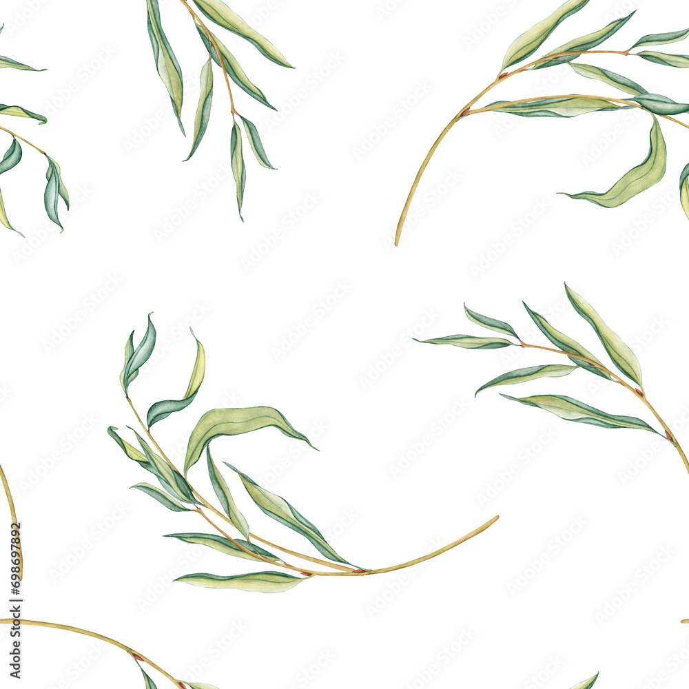 Watercolor seamless pattern fresh foliage weeping willow tree. Nature landscape, simple tree branches with green leaves isolated on white. Hand drawn botanical illustration green tones - obrazy, fototapety, plakaty 