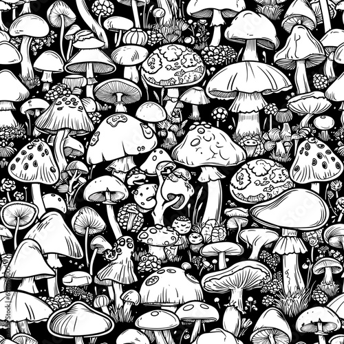 seamless pattern with black and white mushrooms