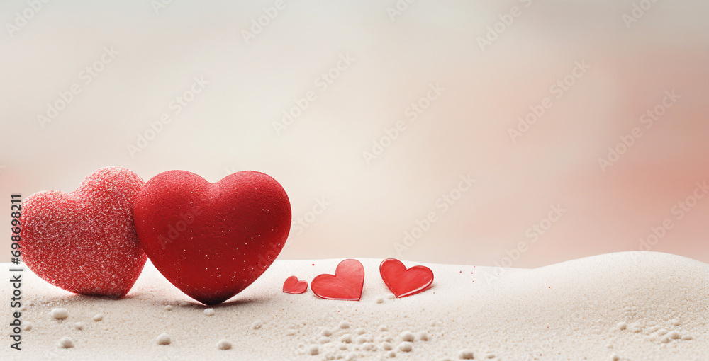 Fototapeta premium Two red sand hearts on a white background