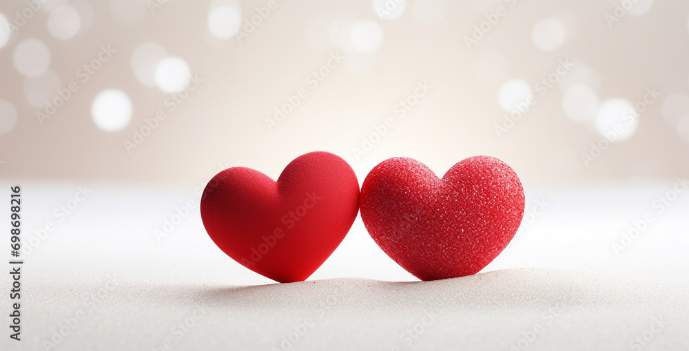 Two red sand hearts on a white background
