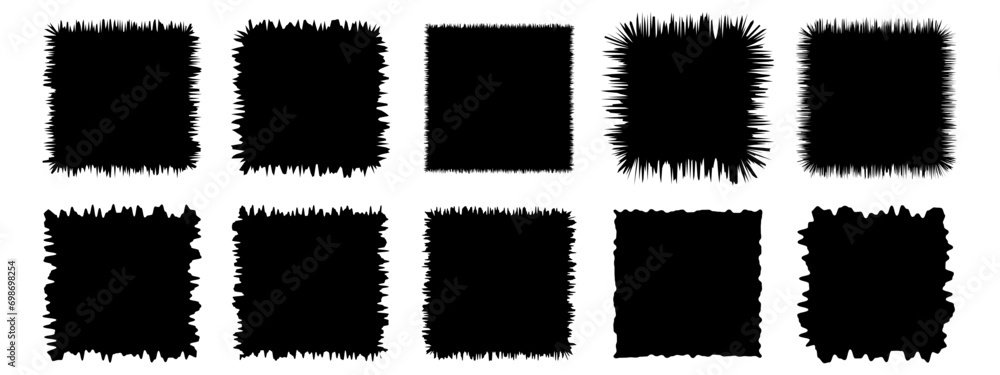 Set of torn paper frames. Jagged squares collection. Black grunge elements, shapes. Vector Papers silhouettes isolated on white background. - obrazy, fototapety, plakaty 