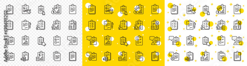 Agreement info, Clipboard manager, Accounting Report. Checklist documents line icons. Medical schedule, Document list and Voting checklist line icons. Data calculation, Contract document. Vector