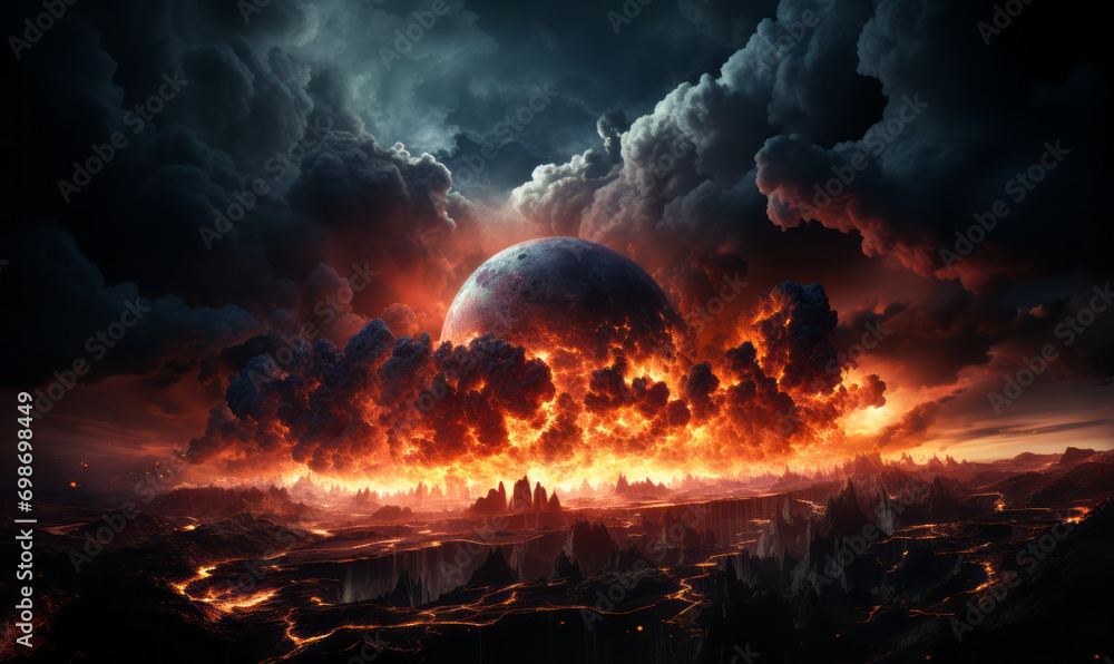 Apocalyptic vision of earth with explosive impact causing fiery destruction and clouds of smoke - obrazy, fototapety, plakaty 