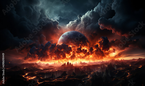 Apocalyptic vision of earth with explosive impact causing fiery destruction and clouds of smoke photo