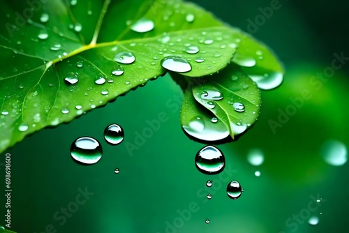 Beautifull drops of water drippng from awesome greeen leaves genrative ai technolgy very beautifull hd picture of water drops and also with green background color  photo