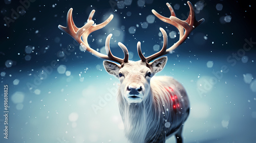 Red-nosed reindeer in the snow, festive background © jiejie
