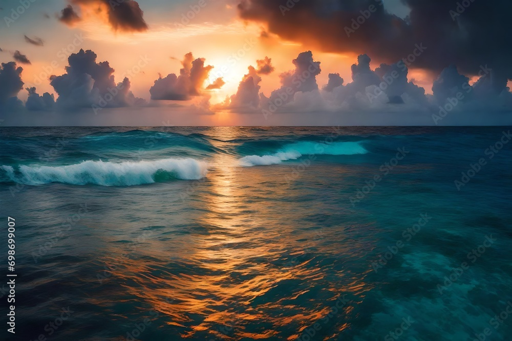 Colorful sunset over ocean on Maldives 