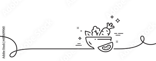 Salad line icon. Continuous one line with curl. Vegetable food sign. Healthy meal symbol. Salad single outline ribbon. Loop curve pattern. Vector