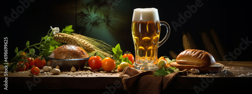 glass of cold beer next to beer snack on wooden background