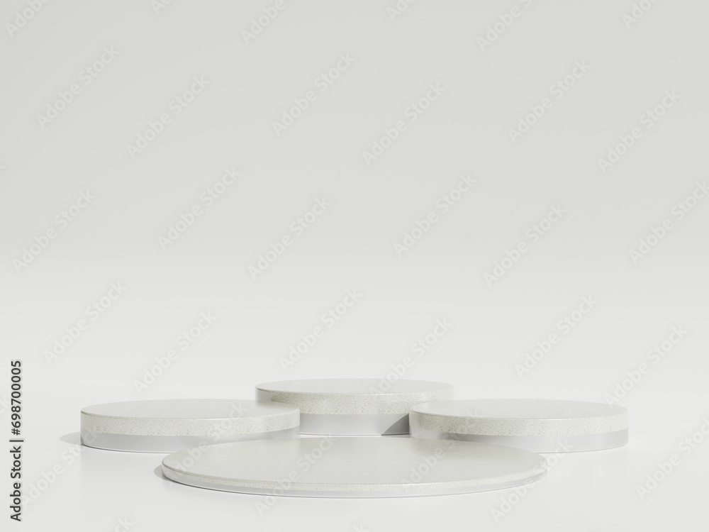 Empty silver marble podium or pedestal display on white background with cylinder stand concept. Blank product shelf standing backdrop. 3D rendering. Empty silver marble podium or pedestal display on white background with cylinder stand concept. Blank product shelf standing backdrop. 3D rendering.