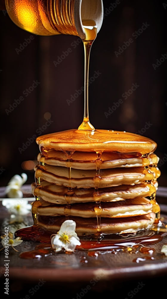 Thick maple syrup pouring onto a stack of fresh pancakes