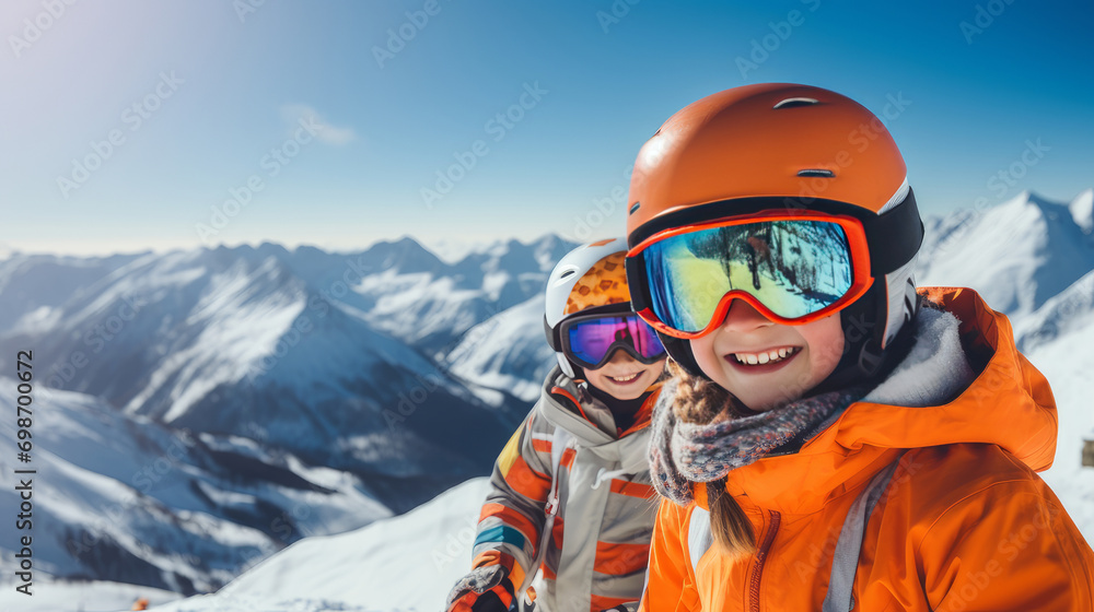 Portrait of a happy, smiling children snowboarder against the backdrop of snow-capped mountains at a ski resort, during the winter holidays. - obrazy, fototapety, plakaty 