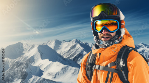 Portrait of a happy, smiling male snowboarder against the backdrop of snow-capped mountains at a ski resort, during vacation and winter holidays. photo