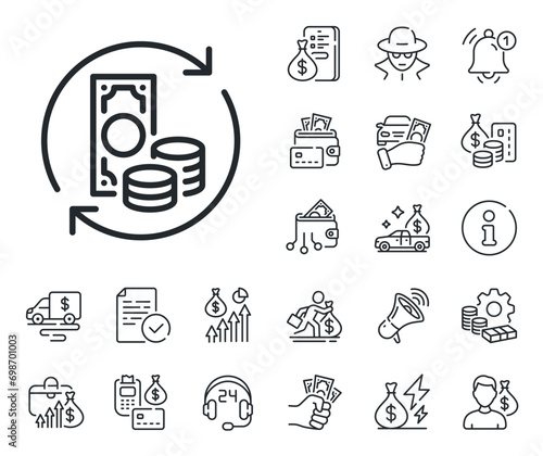 Currency exchange sign. Cash money, loan and mortgage outline icons. Change money line icon. Transfer payment symbol. Change money line sign. Credit card, crypto wallet icon. Vector