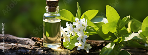 Styrax essential oil in a bottle on a wooden background photo