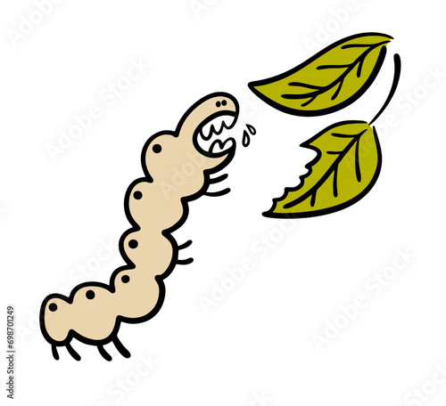 Voracious hungry caterpillar opened its mouth and attacked green leaves. Insect pest eats grass and trees in the garden. Flat vector illustration cartoon isolated on white background.