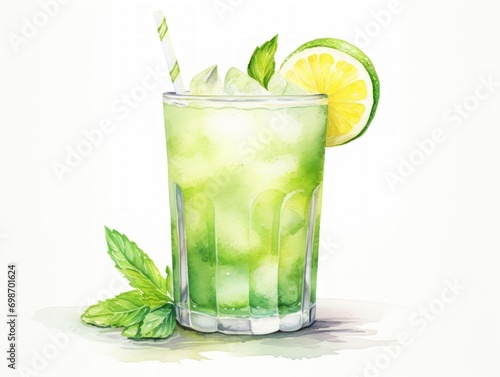 Refreshing Pineapple and Mint Agua Fresca in Minimalistic Watercolor Illustration AI Generated