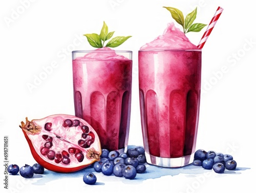 Minimalistic Watercolor Illustration of a Glass of Pomegranate and Blueberry Smoothie AI Generated