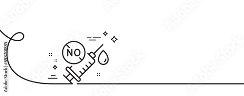 Coronavirus syringe line icon. Continuous one line with curl. Covid-19 no vaccine sign. Corona virus symbol. Coronavirus vaccine single outline ribbon. Loop curve pattern. Vector