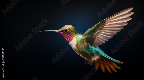 a hummingbird in mid-flight against a dark background, showcasing its colorful plumage. The hummingbird displays bright green, turquoise, and pink hues. Captured in mid-flight with wings spread wide.