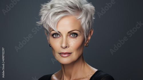 Elegant, smiling, elderly, chic, woman with gray hair and short haircut, on a silver background, banner.