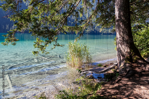 Wooden swing with scenic view of alpine landscape at east bank of lake Weissensee, Carinthia, Austria. Tranquil forest in calm landscape in remote untouched nature in summer. Pristine turquoise water photo