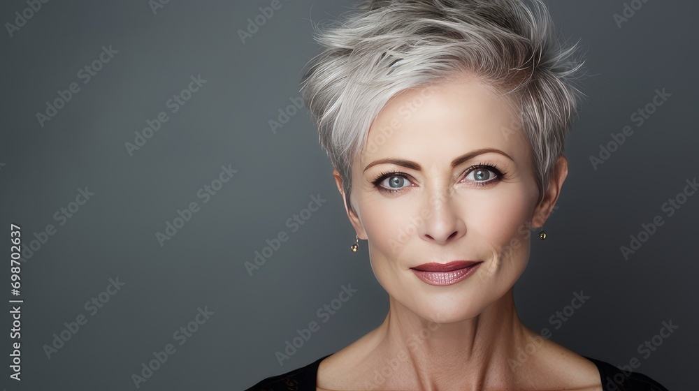 Elegant, smiling, elderly, chic, woman with gray hair and short haircut, on a gray background, banner. Elegant, smiling, elderly, chic, woman with gray hair and short haircut, on a gray background, banner.