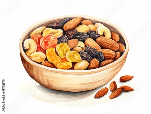 Minimalistic Superb Watercolor Illustration of a Bowl of Mixed Nuts and Dried Fruits on White Background AI Generated