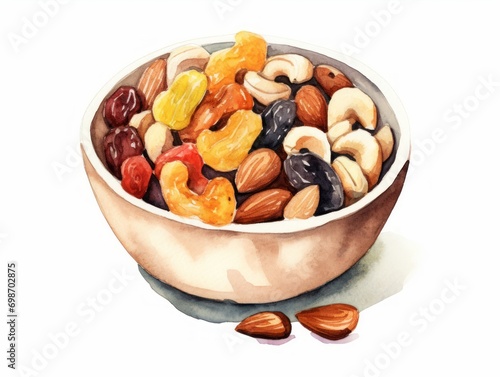 Minimalistic Watercolor Illustration of a Bowl of Mixed Nuts and Dried Fruits on White Background AI Generated