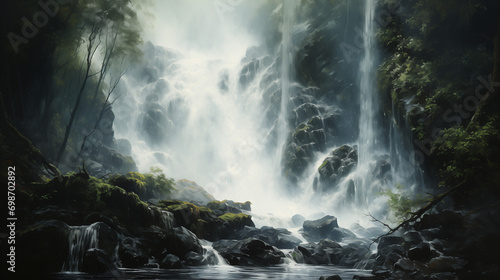 a waterfall cascading down rocky cliffs amidst lush greenery. A body of water reflecting the environment. A branch with green leaves  partially submerged. 