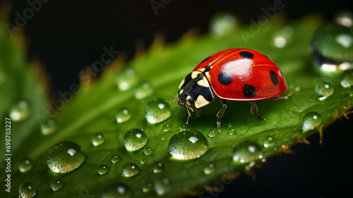 A red ladybug with black spots is the focal point, detailed and vibrant on a leaf. The leaf is a bright green, with a slightly jagged edge and scattered dew drops.