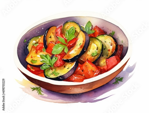 Minimalistic Watercolor Illustration of Ratatouille with Thyme AI Generated