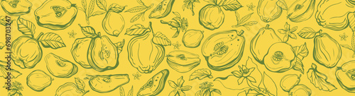 Isolated vector pattern of quince, fruit, twigs with leaves on a white and yellow background. Lemon color. Vintage vector template design. Hand drawn set of fruits illustrations. Exotic fruits.
