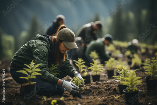 Generative AI image of volunteers planting trees in a forest