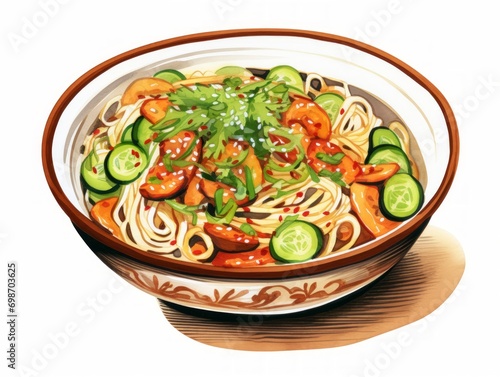 Minimalistic Superb Watercolor Illustration of a Bowl of Spicy Peanut Noodle Salad with Vegetables on White Background AI Generated