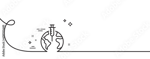 Pandemic vaccine line icon. Continuous one line with curl. Corona syringe sign. Covid jab symbol. Pandemic vaccine single outline ribbon. Loop curve pattern. Vector